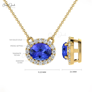 Trending Hot Products Natural 7x5mm Oval Cut Tanzanite & Diamond Halo Necklace 14k Solid Gold Wedding Necklace Set For Bridal - Product Image 4