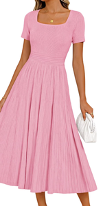 Pink Solid Knitted A-Line Midi Dress with <b>Square</b> Neck Short Sleeve High Waist Slim Fit Pleated Hem Casual Spring Dress - Product Image 5