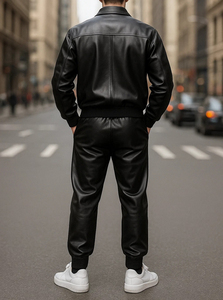 Men's Leather Look Tracksuit Set Full Length Jacket With Button Up Collar And Drawstring <b>Pants</b> Casual Autumn Wear - Product Image 5