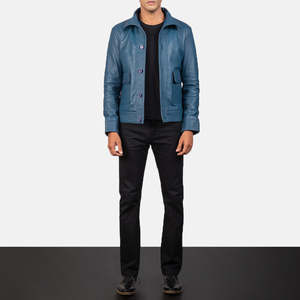 Veste en cuir véritable bleu pour homme de qualité supérieure, col montant, fermeture à boutons, style décontracté, coupe ajustée, longueur standard, idéale pour l'automne - Product Image 6