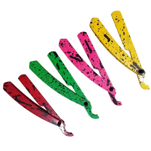 Porte-lame de rasoir en acier inoxydable texturé jaune et noir, couteau de barbier pliable à bord droit pour lames turques jetables - Product Image 5