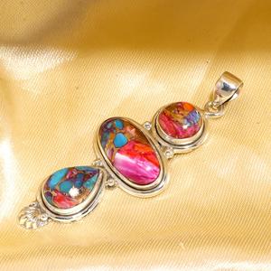 Pendentif classique pour amoureux en argent sterling 925 avec serti clos et pierre précieuse turquoise huître rose taille ovale, idéal pour cadeaux d'anniversaire et de fête - Product Image 3