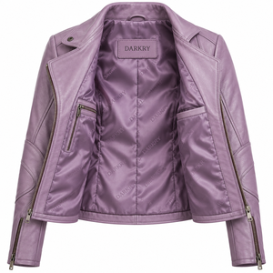 Veste de motard sur mesure pour femme en cuir véritable doux, couleur lilas lavande, avec fermeture éclair oblique, col à revers, coupe ajustée, manteau d'extérieur - Product Image 5