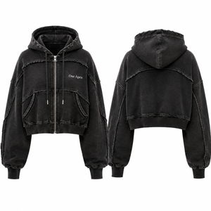 ONE APEX Sweat à capuche zippé oversize court pour femme, en molleton épais premium, respirant, doublé, délavé et vieilli, streetwear d'hiver - Product Image 3