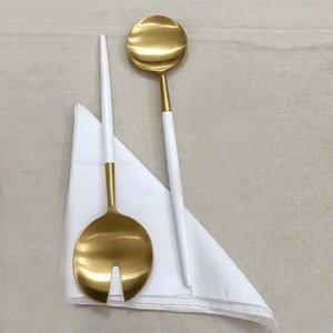 Standard Look Metal <b>Gold</b> Salad Server Spoon & Fork Set With <b>White</b> Resin Handle for Wedding Tabletop Salad Server Sets - Product Image 3