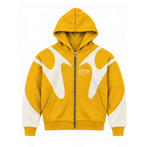 Golden Yellow Contrast Panel <b>Zip</b> Up <b>Hoodie</b> Men Streetwear Full Zipper Long Sleeve Casual Fleece Hooded Jacket With <b>Pockets</b> - Product Image 1