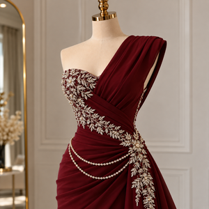 Robe de Soirée Élégante et Luxueuse en Satin, Asymétrique, à Une Épaule, Longueur Au-dessus du Genou, avec Ornements de Perles et Strass, Taille Naturelle, Coupe Fourreau - Product Image 3