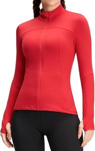Haut de sport pour femme rouge à manches longues et col roulé avec fermeture éclair, respirant, en Spandex et Polyester, couleur unie, coupe décontractée - Product Image 2