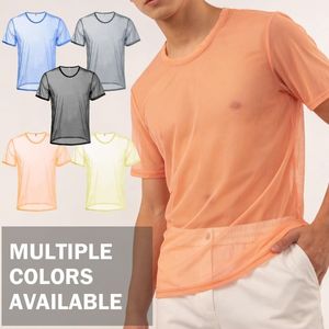 Chemise transparente à manches courtes en maille ouverte couleur pêche, en tissu polyester doux, extensible, aérien et respirant, pour homme, idéale pour les soirées. - Product Image 2