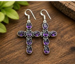 Boucles d'oreilles pendantes en argent sterling 925 avec croix en améthyste naturelle, faites à la main, pierres précieuses violettes, pour femmes, bijoux en gros - Product Image 2