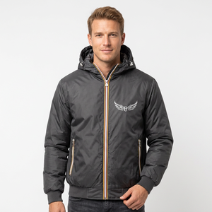 Veste à capuche noire pour homme avec logo aile, fermeture éclair, coupe-vent, style décontracté hiver, rembourrage polyester épais - Product Image 5