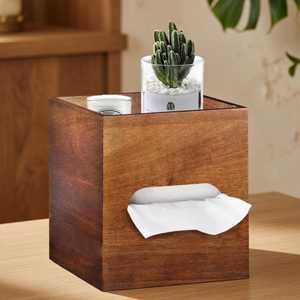 Porta pañuelos de madera de acacia con bandeja de almacenamiento, organizador moderno - Product Image 1