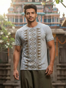 T-shirt en coton gris à imprimé aztèque pour homme, tendance et très vendu en 2026 |   T-shirt d'été décontracté à manches courtes et col rond pour la garde-robe des stylistes - Product Image 3