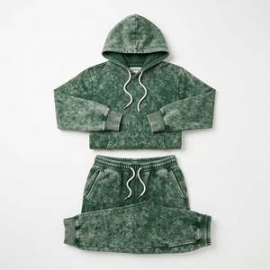 Conjunto Deportivo Unisex con Capucha, Lavado Ácido, Verde, Manga Larga, Corte Regular, Pantalones Casuales con Cordón, Poliéster/Algodón, Ropa de Otoño - Product Image 4