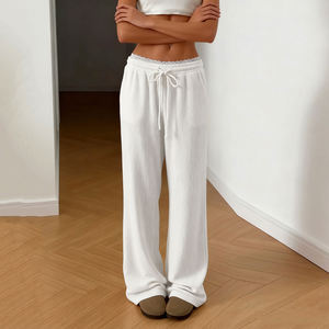 Pantalon large blanc pour femme, taille haute, avec cordon de serrage, coupe ample, longueur totale, en coton tricoté, style décontracté printemps, couleur unie, dentelle. - Product Image 4
