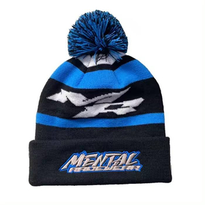 Mental Racewear Knitted Beanie <b>Hat</b> With Pom Pom Striped Design Embroidered Logo Winter <b>Warm</b> Cuffed Cap Unisex Adult Outdoor - Product Image 1