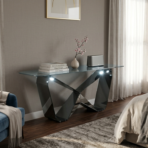 Mesa de Centro Moderna de Vidrio Templado con Base Metálica Geométrica, Mesa de Centro de Vidrio Azul de Lujo para Oficina y Sala de Estar - Product Image 2