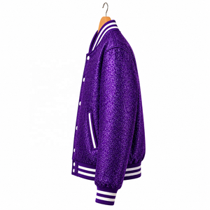 Cosh International OEM ODM Custom Winter Thin Stand Collar Varsity Jacket of <b>Glitter</b> <b>Purple</b> With White Trim Color Unisex - Product Image 6