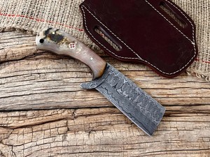 OEM Industrial Grade Made Damascus Steel Bull Cutter Knife Ram Horn Handle Full Tang Cowboy Hunting <b>Camping</b> Pancake Sheath - Product Image 2