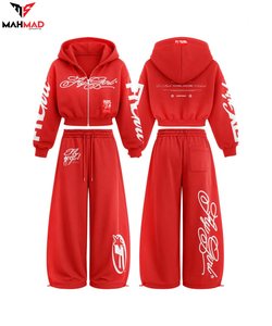 Manufacturer Custom <b>Women</b> Oversized Hooded Sweatshirt <b>Baggy</b> Wide Leg Pants Set Screen Printed <b>Womens</b> Wear Crop Hoodie Sweatsuit - Product Image 6