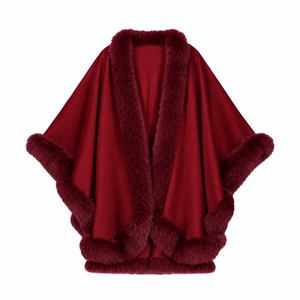 <b>Burgundy</b> Faux Fur Trim Long <b>Women's</b> Winter Warm Fleece 100% Polyester Elegant Cape Sleeveless Loose Fit Solid Color Thick Coat - Product Image 5