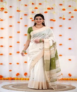 Sari tradicional indio de algodón con borde verde y rayas para bodas, sari largo hasta el suelo para mujer - Product Image 1