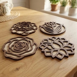 Floral Laser Cut Solid Wood Coaster Handcrafted Heat Resistant Drink Mat <b>Table</b> <b>Protector</b> Coffee Tea Cup Holder Home Decor - Product Image 3