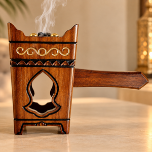 Brûleur à Bakhoor en bois artisanal de luxe avec long manche, Mabkhara arabe traditionnelle, brûleur à encens Oud avec bol en acier inoxydable - Product Image 2