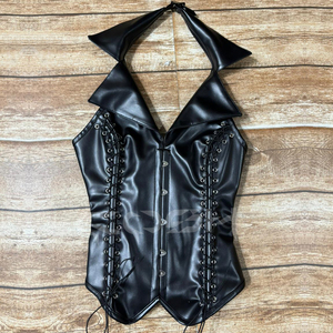 Corsé de cuero negro con varillas de acero, cuello y decoración de cordones laterales - Product Image 6