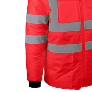 Men's <b>Red</b> Reflective Safety Hooded Puffer <b>Jacket</b> <b>Waterproof</b> Winter Workwear Coat with Silver Stripes and Zipper Closure - Product Image 6