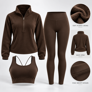 Conjunto de yoga sencillo de 3 piezas para mujer: Top deportivo de forro polar con media cremallera y espalda cruzada, sujetador deportivo y leggings de cintura alta de secado rápido para invierno - Product Image 3