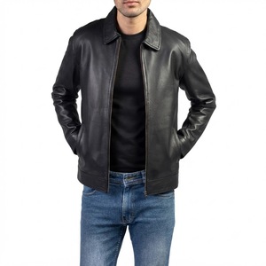 Veste de moto pour homme en cuir de vache véritable, écologique, coupe-vent, col rabattable, fermeture éclair, coupe classique, noir uni, style automne - Product Image 4