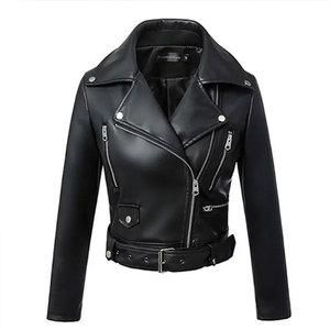 Women's PU Leather Quick Dry Moto Jacket Solid Color Full Sleeve Zipper Closure Stand Collar Regular Length Autumn Style Front - Product Image 2