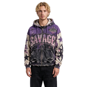 Savage Heavy Dense Fleece Fabric <b>Hoodie</b> Acid Wash Distressed Star Print Vintage Drop Shoulder Loose Urban Sweatshirts Hoodies - Product Image 1