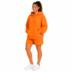 Women's White Hooded Sweatshirt Shorts <b>Set</b> Cotton Fleece Anti-Shrink 240g Casual Loose Fit Drawstring Pocket Spring Summer Wear - Product Image 3
