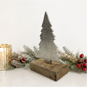 Handcrafted Silver Aluminium Cast Metal Christmas <b>Tree</b> With Solid Wooden Base Premium Rustic Holiday <b>Tabletop</b> Sculpture For Home - Product Image 2