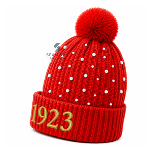 NSPDK Bonnet en tricot acrylique pour femme, brodé, orné de perles, avec pompon et revers côtelé, style décontracté, pour l'hiver - Product Image 3
