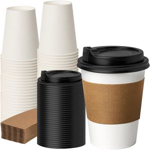 Confezione da 50 Bicchieri di Carta Monouso da 350 ml con Coperchi e Manicotti Termici per Caffè e Tè da Asporto, Coperchi Inclusi - Product Image 1