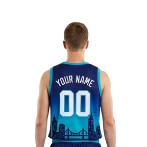 Conjunto de Uniforme de Baloncesto Personalizado para Hombre, Color Azul Marino Cian, Jersey sin Mangas con Cuello en V, Pantalones Cortos con Estampado Degradado Skyline, Números de Equipo, Kits al por Mayor - Product Image 4