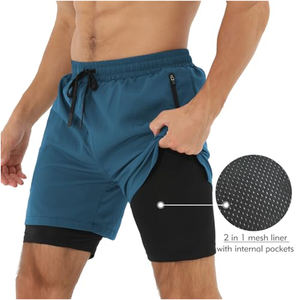 Shorts d'entraînement double couche pour hommes, taille mi-haute, avec compression intérieure en Spandex, extérieur écologique, coupe ample, anti-transpiration, OEM - Product Image 5