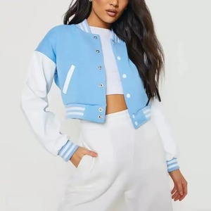 Women's Blue <b>White</b> Varsity <b>Jacket</b> <b>Short</b> Length Full Sleeve Contrast Color Solid Pattern Turn-down Collar Spring Wear - Product Image 6