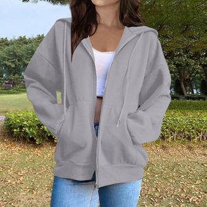 Sweat à capuche zippé décontracté streetwear à manches longues et épaules tombantes pour femme - Product Image 3