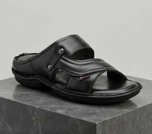 Men's Genuine <b>Leather</b> Open Toe Air Cushion Slide with Cross Straps Metal Stud Details Breathable Stylish Summer Mules <b>Slippers</b> - Product Image 1