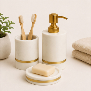 White Marble Bathroom Accessory Set with Solid Brass Accents Handcrafted Natural Soap Dispenser <b>Toothbrush</b> <b>Holder</b> For Hotel - Product Image 1