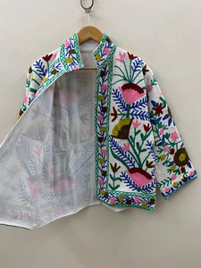 Handcrafted Unisex Vibrant Woven Velvet Cotton Bomber <b>Jacket</b> Bohemian Floral Botanical Pattern Zipper Closure <b>Shrug</b> Autumn - Product Image 2