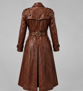 Abrigo Largo de Cuero Marrón para Mujer, Estilo Gabardina, Doble Botonadura, con Cinturón - Product Image 4