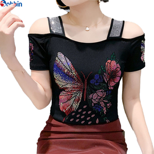 Camisetas de Verano con Logotipo Personalizado, Adorno de Mariposa con Pedrería, Transpirables, de Manga Corta, Cuello Cuadrado, para Niñas - Product Image 6