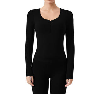 <b>Black</b> <b>Long</b> <b>Sleeve</b> Knitted <b>Top</b> With Button Front Slim Fit Casual Wear For <b>Women</b> - Product Image 1