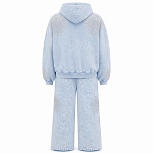 Ensemble jogging et sweat à capuche délavé bleu clair pour femme, avec détails en strass, 2 pièces, tenue de sport décontractée, streetwear - Product Image 3
