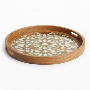 Bandeja Redonda de Madera Tallada a Mano al por Mayor, Centro de Mesa Rústico, Plato Decorativo de Madera con Borde de Cuentas para Decoración de Mesa del Hogar - Product Image 6